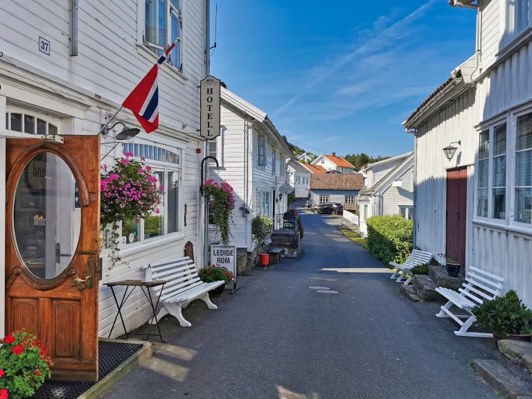 Historic coastal village of Sogndalstrand in Norway