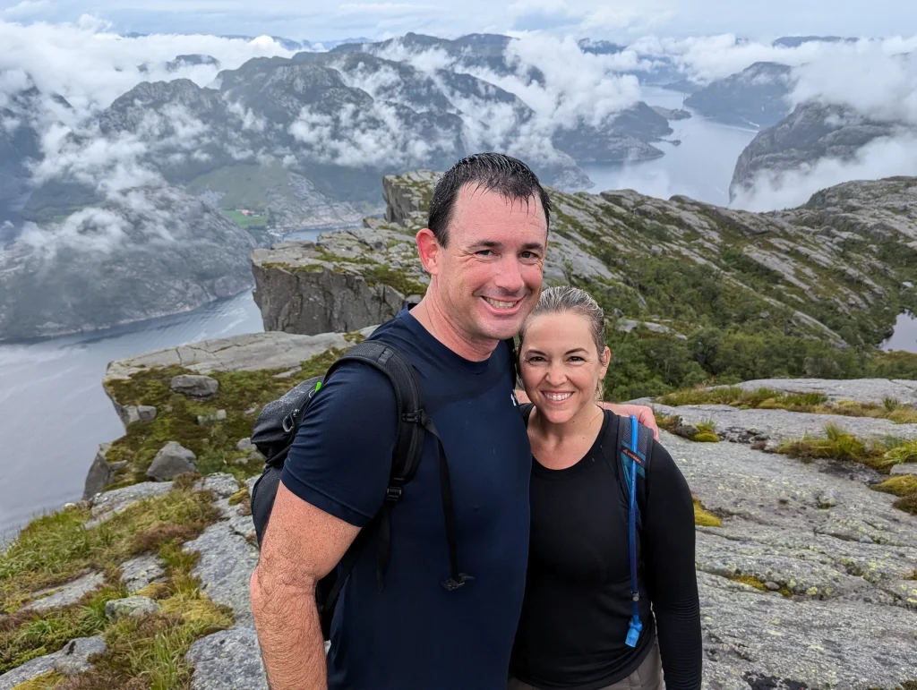 Rebecca and John overlooking Lysefjord near Preikestolen