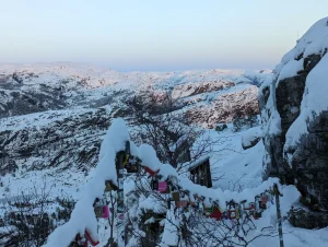 Snow-covered mountain landscape near Preikestolen in Norway