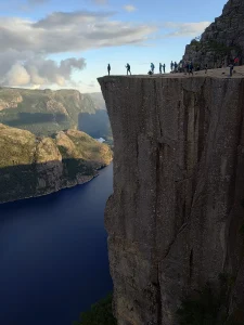 Preikestolen overlooking Lysefjord at sunset in Norway