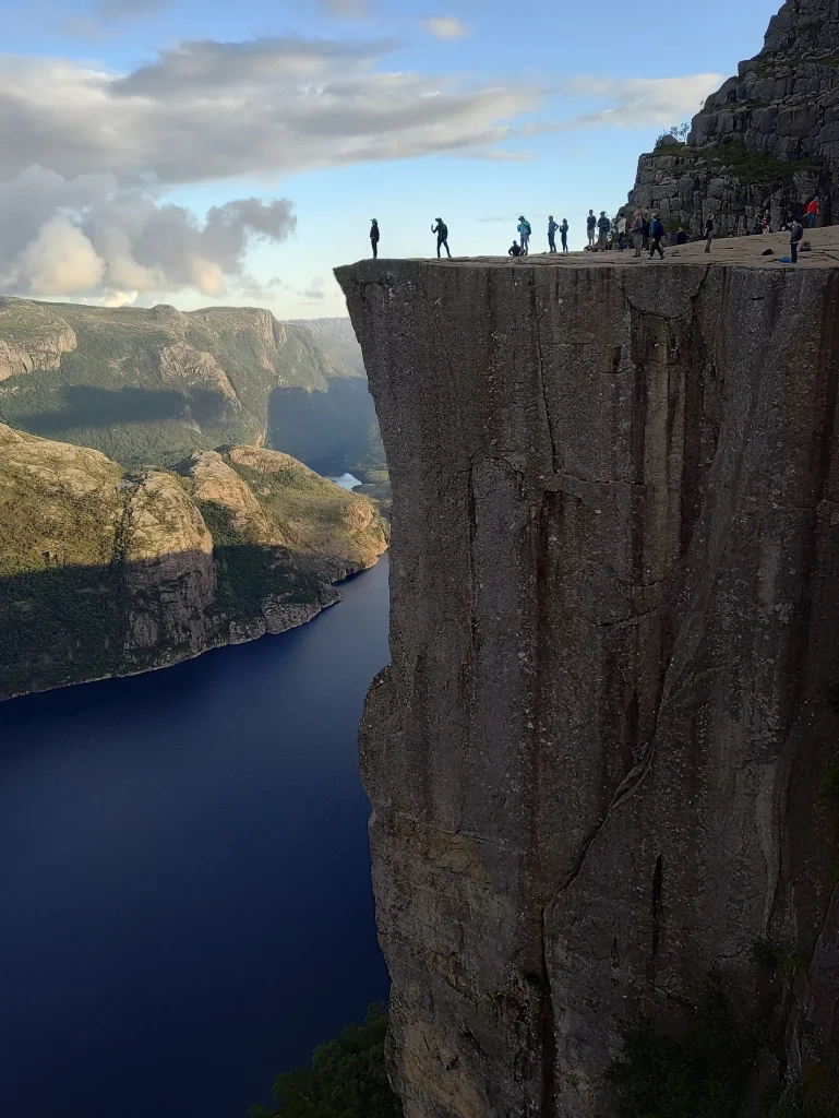 Preikestolen overlooking Lysefjord at sunset in Norway