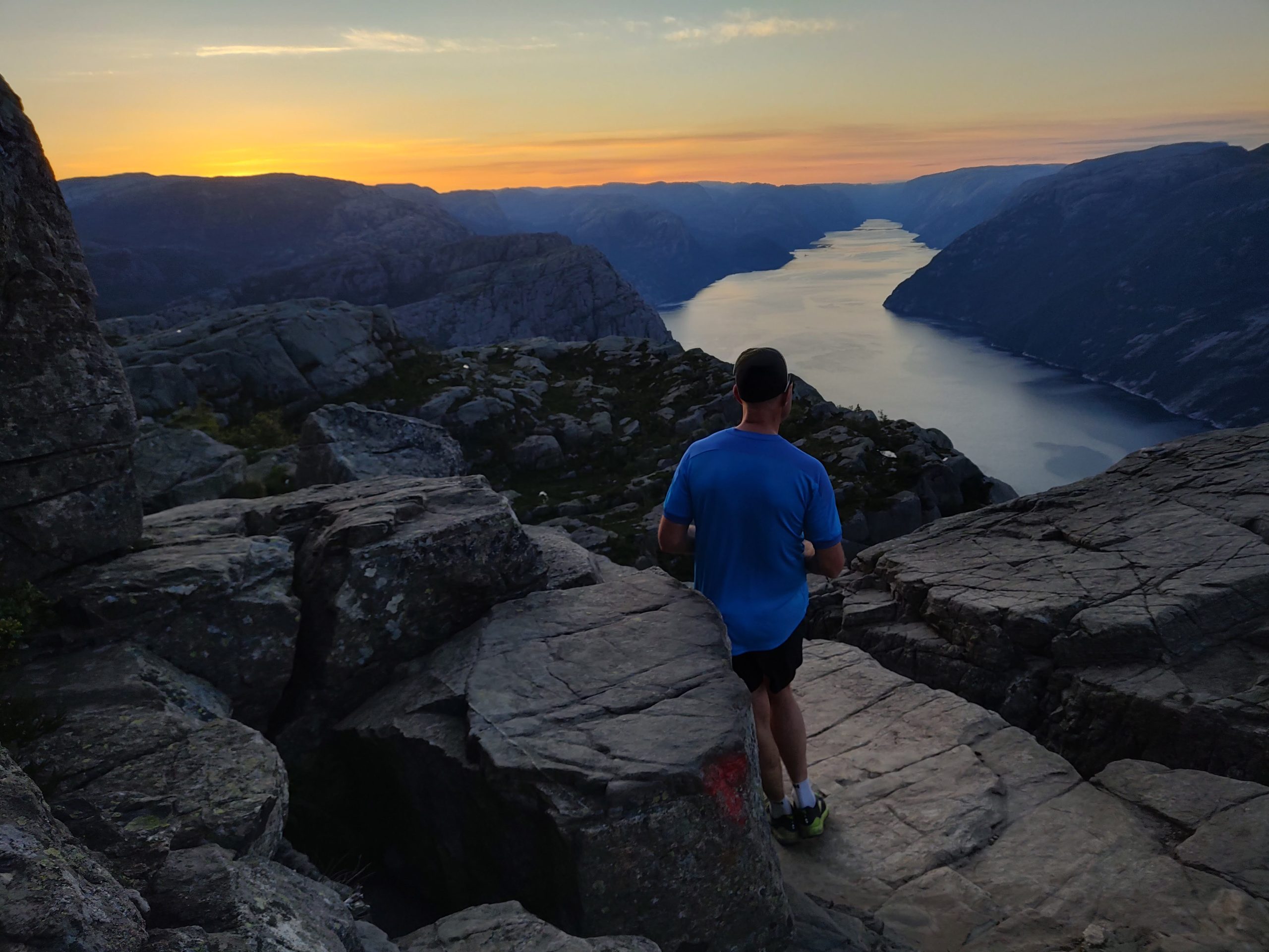 Trail running to Preikestolen at sunset